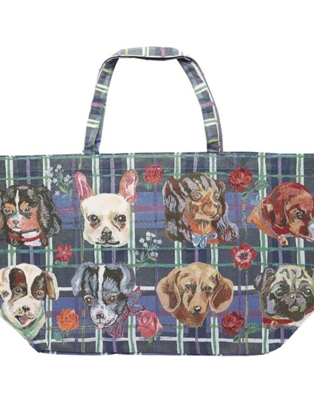 Nathalie Lete tapestry large MARKET bag! Tote bag. Plaid w/ Dog faces! New!